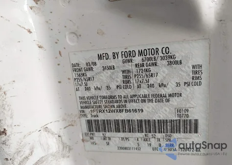 2008 Ford F-150 Fx2/Stx/Xl/Xlt из США, поврежденный, VIN 1FTRX12WX8FB61619